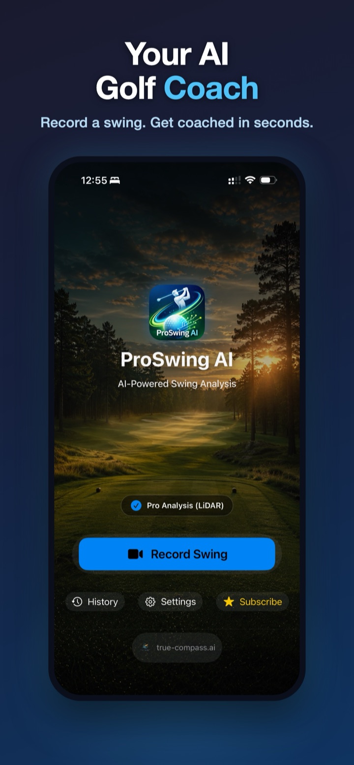 ProSwing AI home screen — record a swing and get coached in seconds