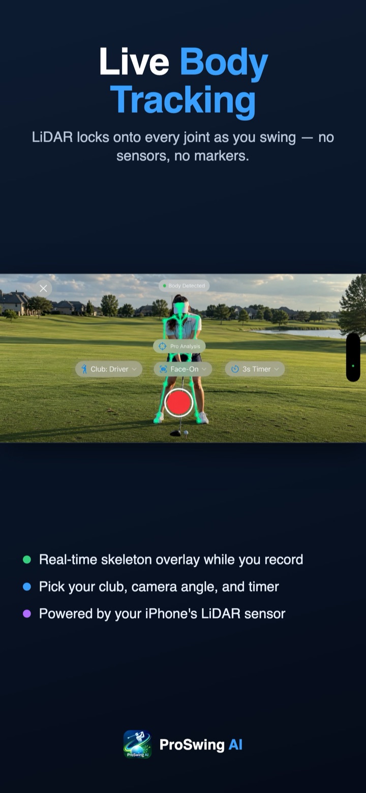 Live LiDAR body tracking with a real-time skeleton overlay during a golf swing